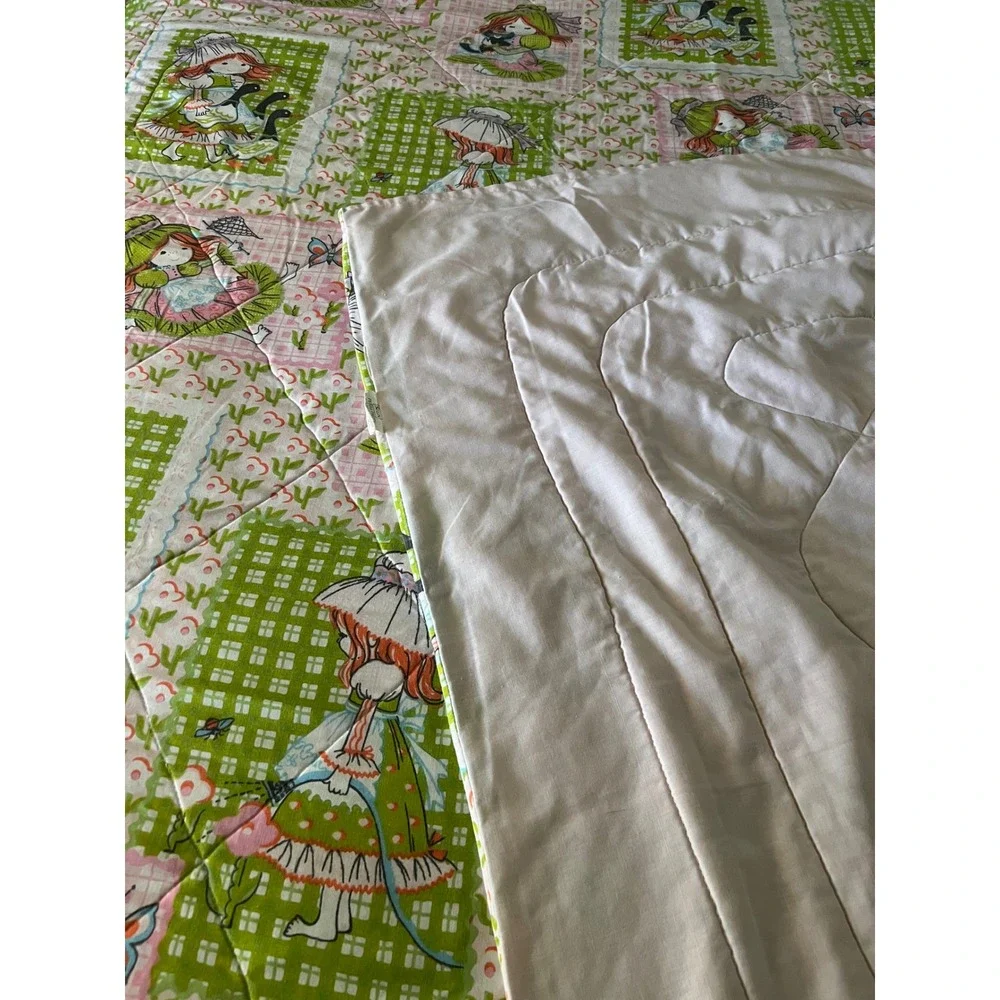 Vintage Holly Hobbie Style Quilt Bedspread Pink Green Floral 78x78 Cottagecore